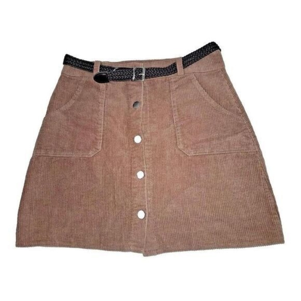 Corduroy Women Brown Button Up Pockets Mini Skirt Size‎ M